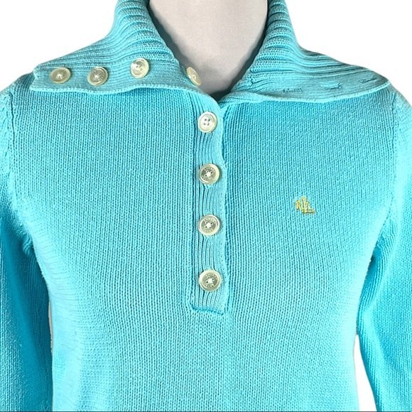 Lauren Ralph Lauren Pullover 1/4 Button Up Sweater Blue Medium - Picture 5 of 8
